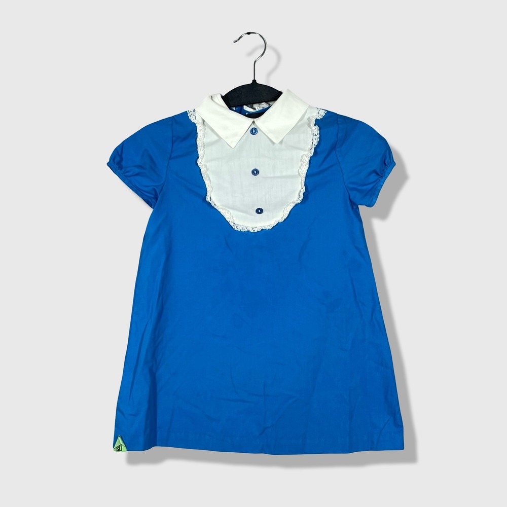 Sears Perma-Prest Dress Kids Size 6 Blue Vintage Peter Pan Collar‎ Lace Trim